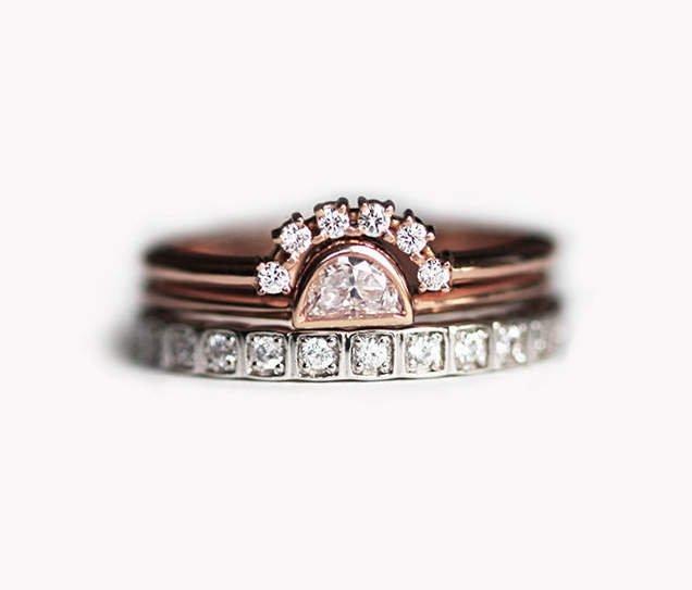 Half Moon White Diamond Ring with Diamond Crown Ring and Eternity Diamond Ring