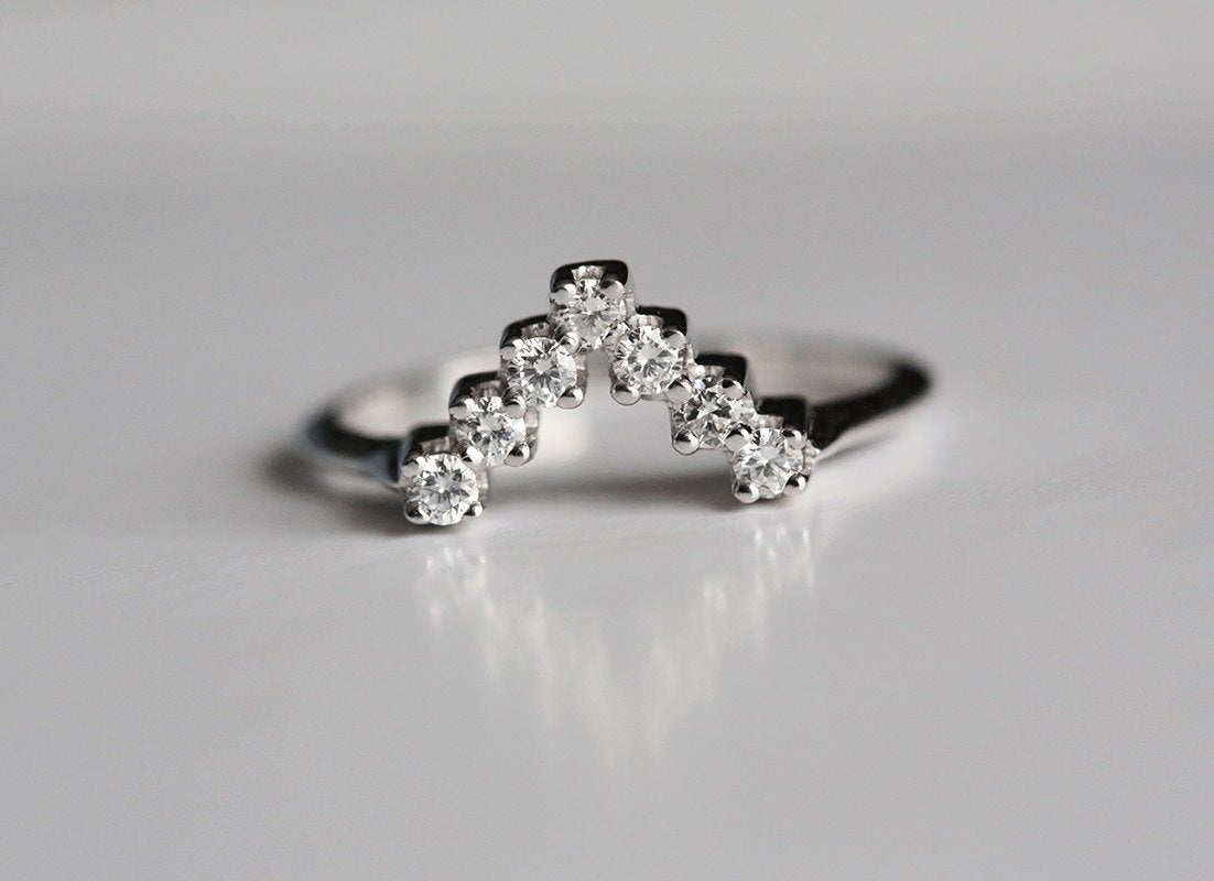 V-Shaped Round White Diamond Wedding Ring