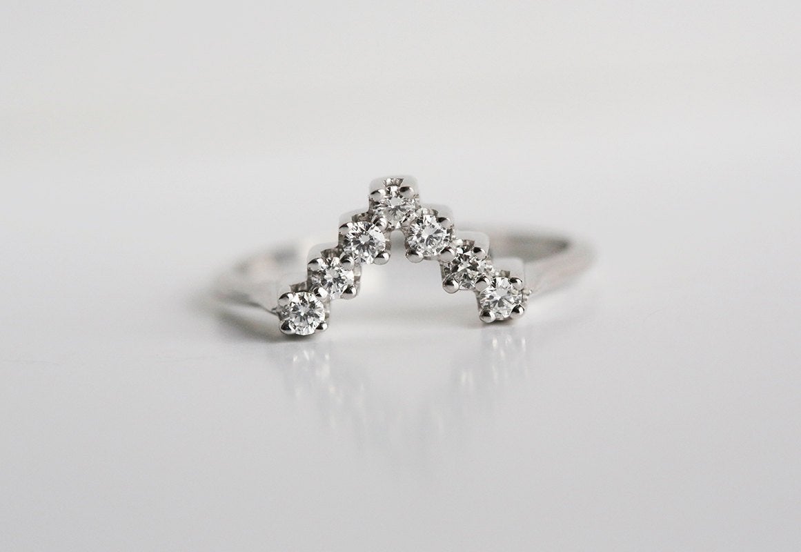 V-Shaped Round White Diamond Wedding Ring