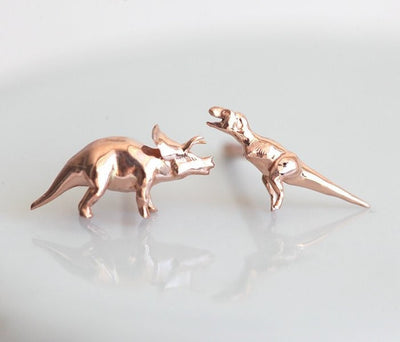 Triceratops and tyrannosaurus rex gold stud earrings
