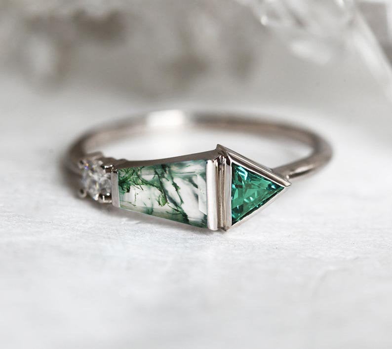 Green Trapezoid Moss Agate Ring with Side Triangle Tourmaline Stone and a Round White Diamond