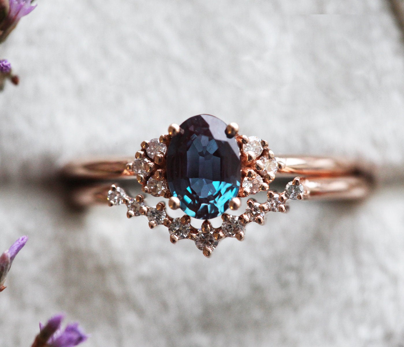 Teal Oval Alexandrite Ring Set with Nesting Band holding White Diamonds