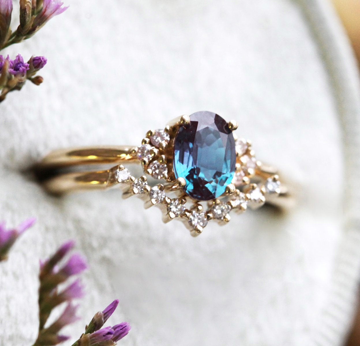 Teal Oval Alexandrite, Yellow Gold Ring Set with Nesting Band holding White Diamonds