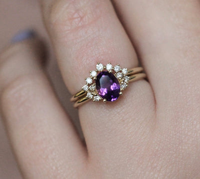 Oval Amethyst Cluster Ring with Side Round White Diamonds