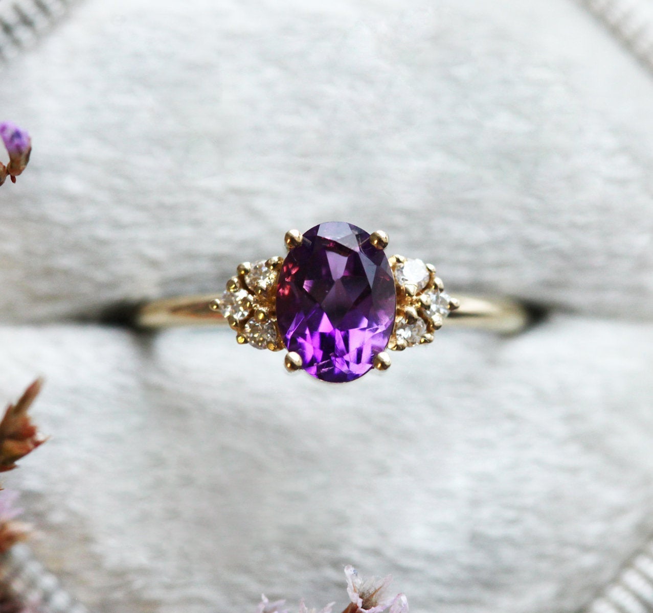 Oval Amethyst Cluster Ring with Side Round White Diamonds