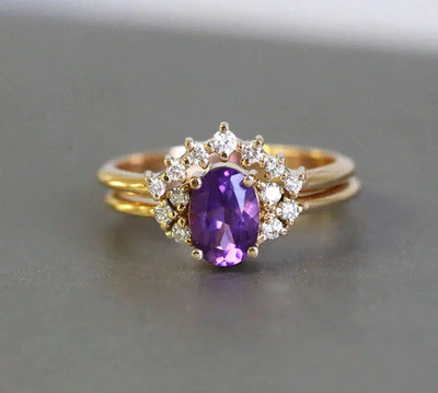 Oval Amethyst Ring Set with Side Round White Diamonds