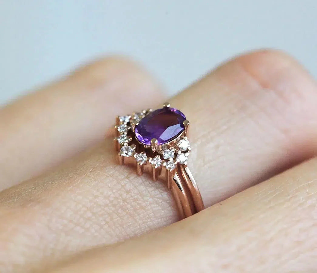 Oval Amethyst Ring Set with Side Round White Diamonds