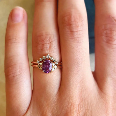 Oval Amethyst Ring Set with Side Round White Diamonds