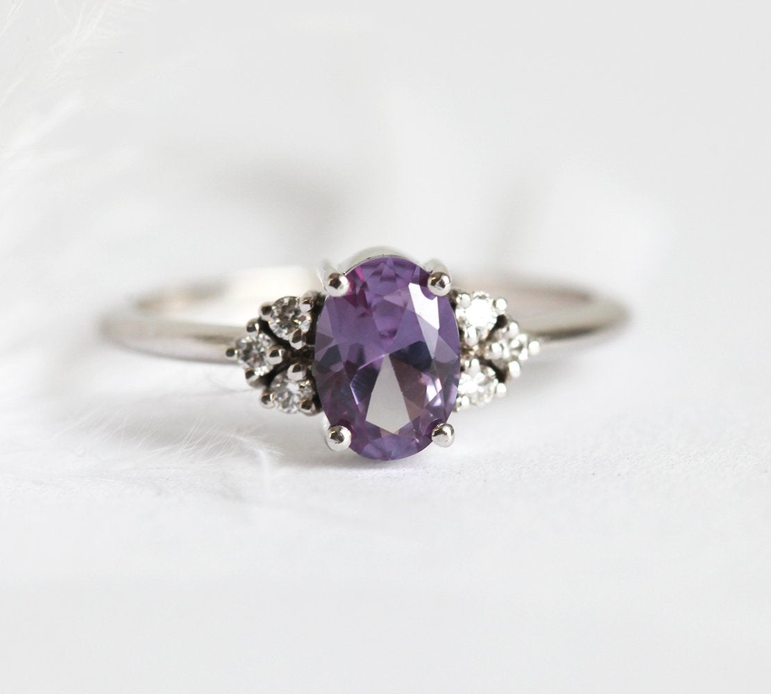 Purple Oval Alexandrite Ring with 6 Side Round White Diamonds