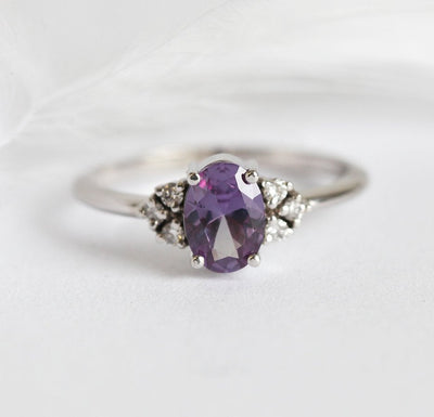 Purple Oval Alexandrite Ring with 6 Side Round White Diamonds