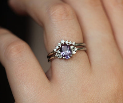 Purple Oval Alexandrite Ring with 6 Side Round White Diamonds with Diamond Crown on Top