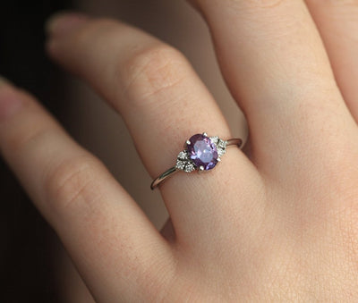 Purple Oval Alexandrite Ring with 6 Side Round White Diamonds