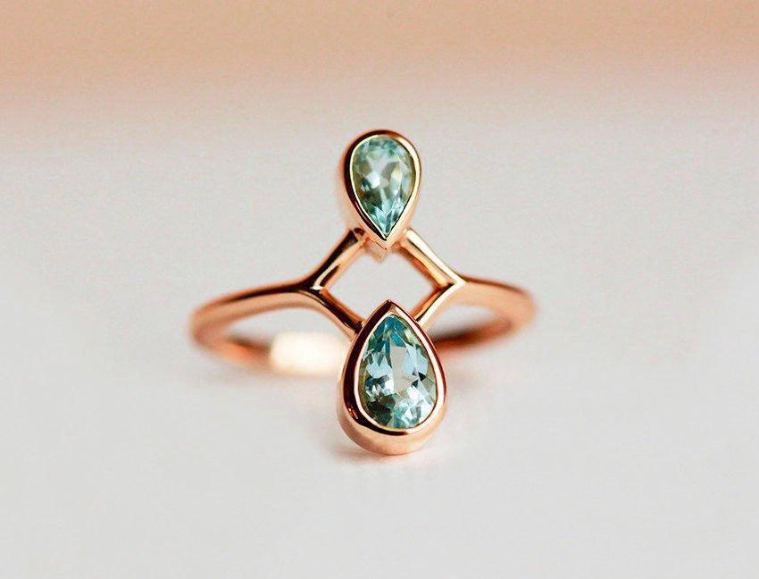 Double Pear Aquamarine Rose Gold Ring