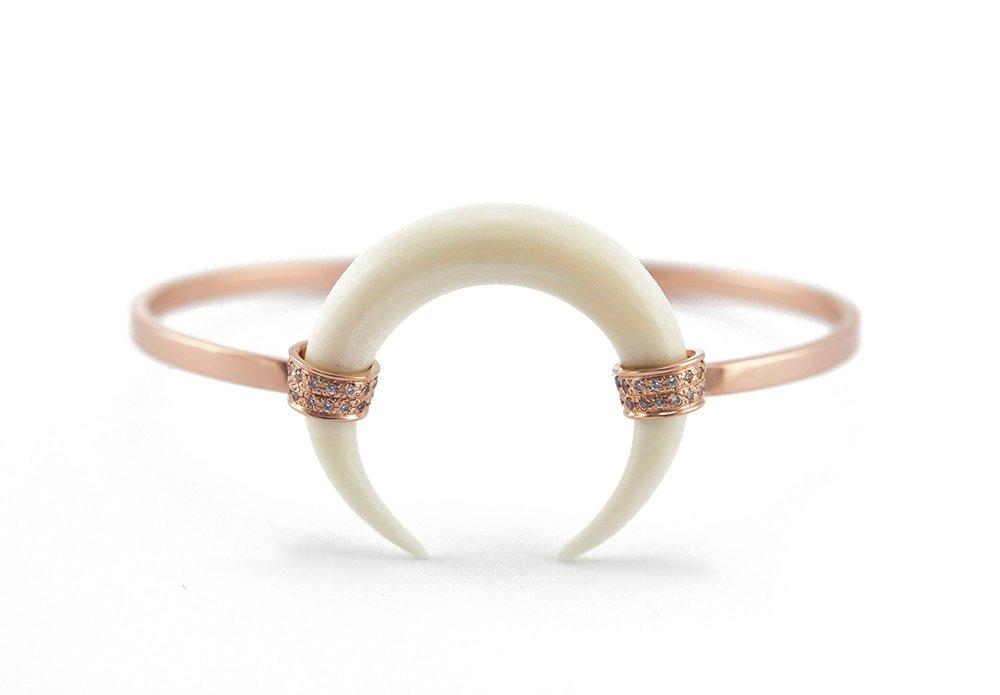 Rose gold double horn bracelet with white round diamonds