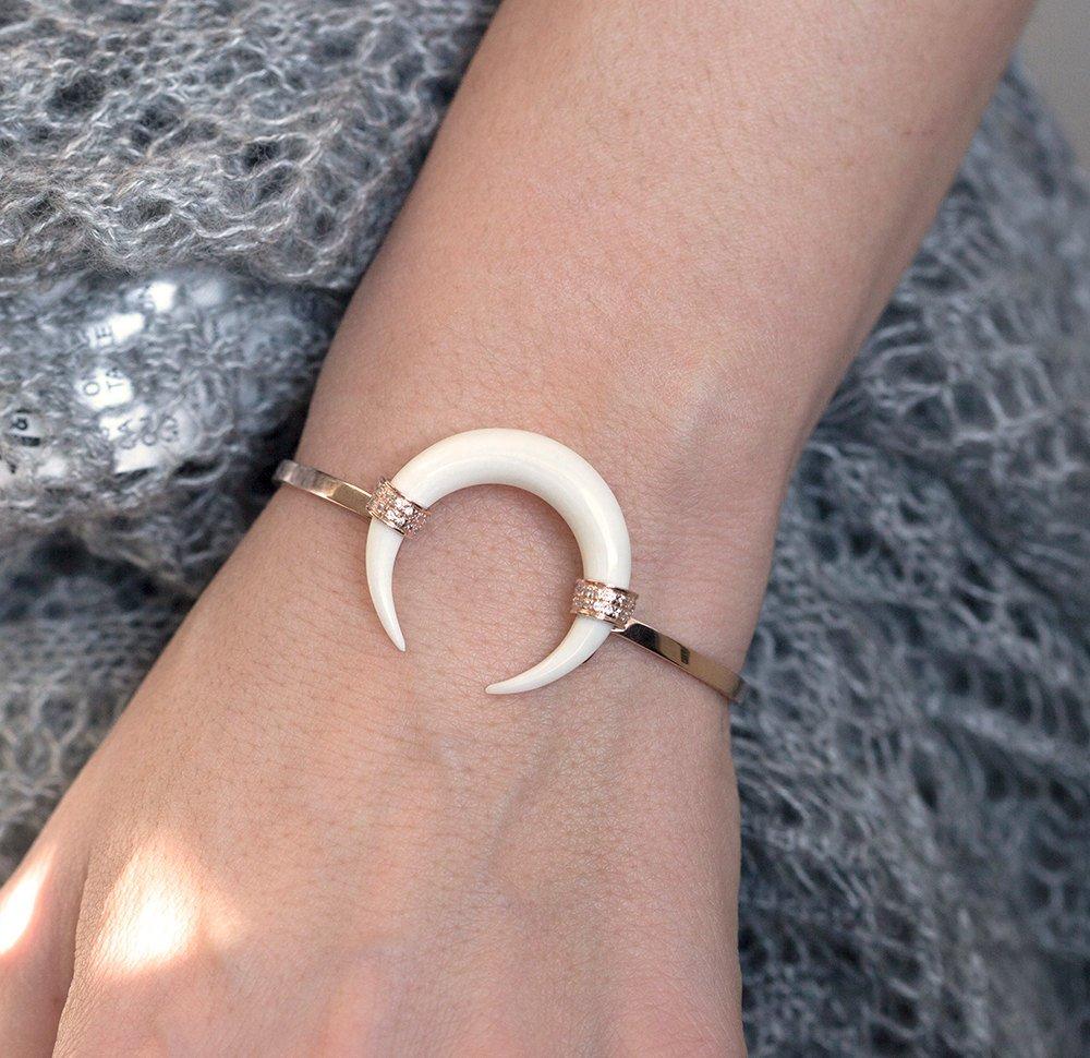 Rose gold double horn bracelet with white round diamonds
