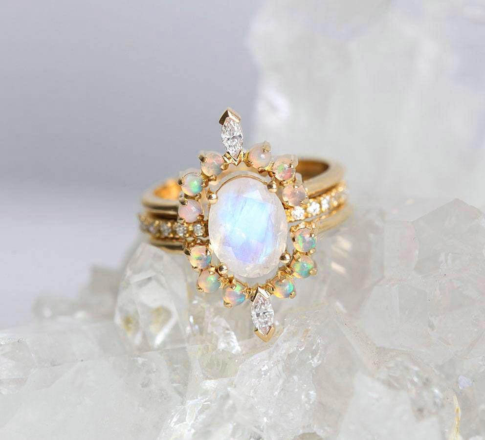 Oval Moonstone Engagement Ring Set with White Diamonds