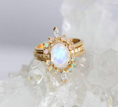 Oval Moonstone Engagement Ring Set with White Diamonds