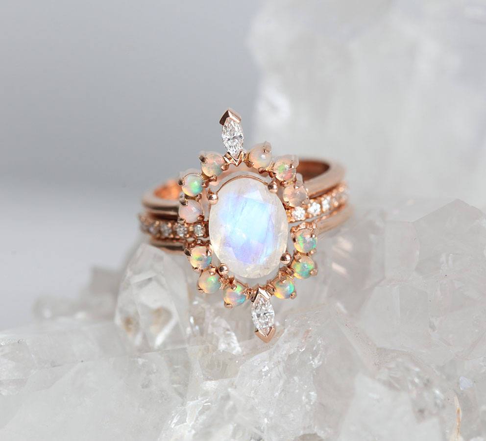 Oval Moonstone Engagement Ring Set with White Diamonds