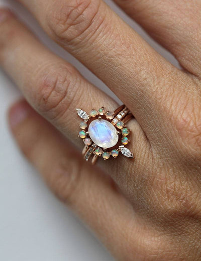Oval Moonstone Engagement Ring Set with White Diamonds