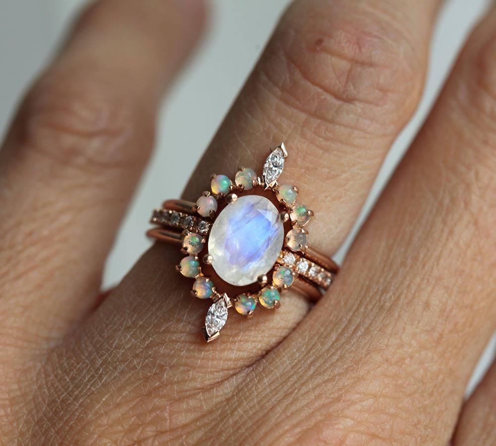 Oval Moonstone Engagement Ring Set with White Diamonds