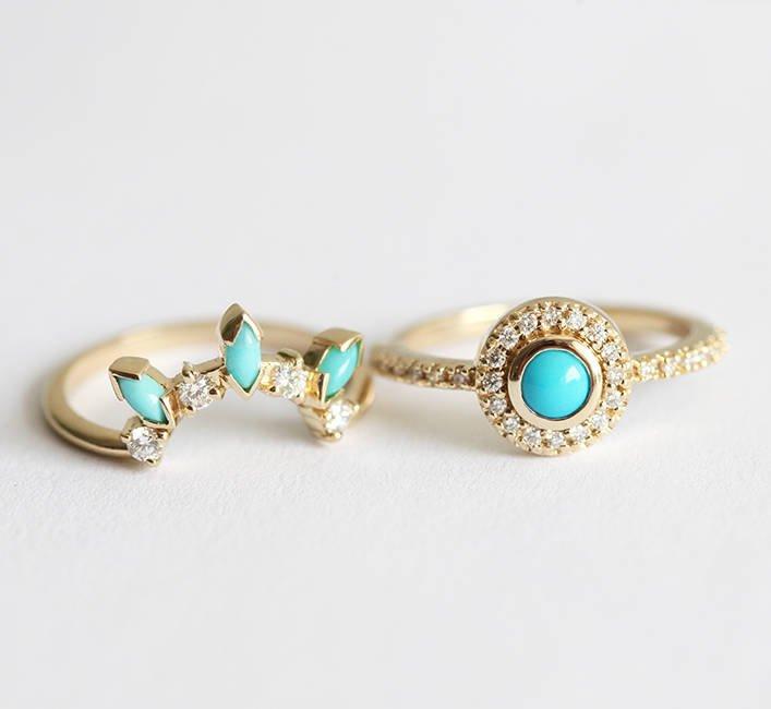 Round Turquoise Halo Ring Set with Side White Diamonds and Marquise Cut Turquoises