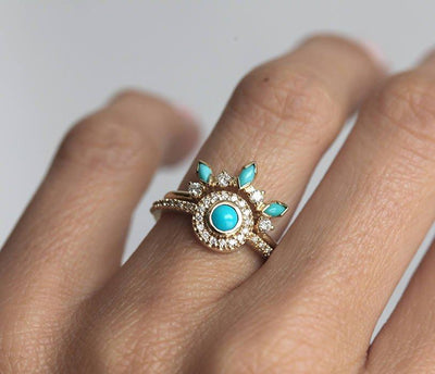 Round Turquoise Halo Ring Set with Side White Diamonds and Marquise Cut Turquoises