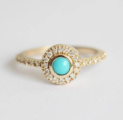 Round Turquoise Halo Ring Set with Side White Diamonds