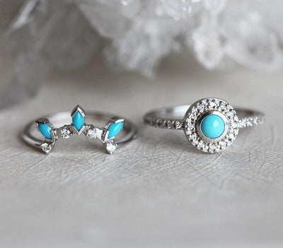 Round Turquoise Halo Ring Set with Side White Diamonds and Marquise Cut Turquoises