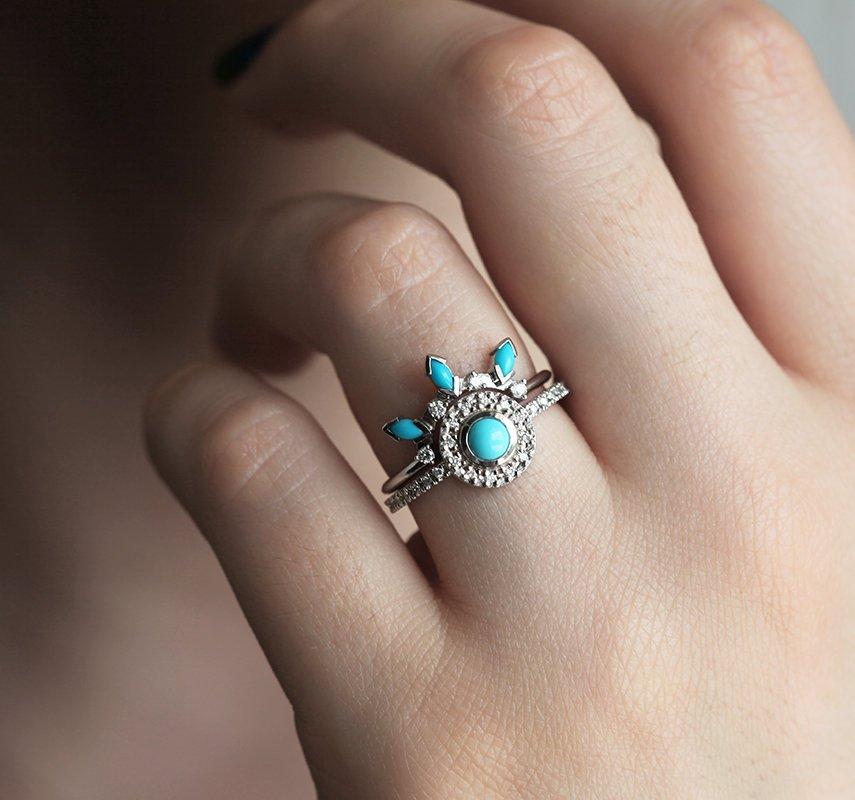 Round Turquoise Halo Ring Set with Side White Diamonds and Marquise Cut Turquoises