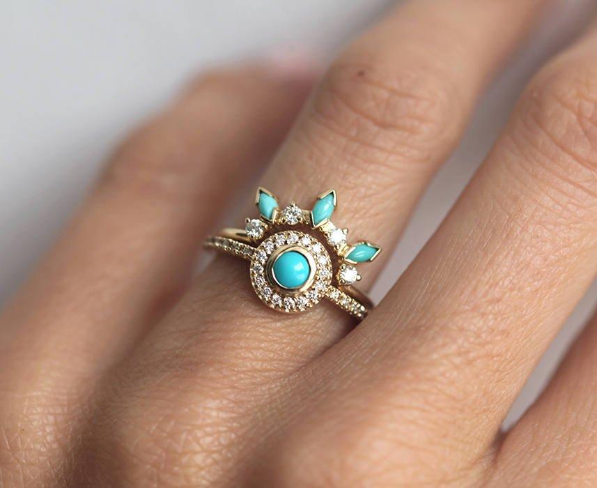 Round Turquoise Halo Ring Set with Side White Diamonds and Marquise Cut Turquoises
