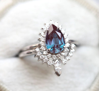 Teal Pear Alexandrite Ring Set with Side Round White Diamonds