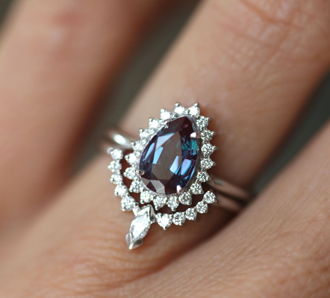 Teal Pear Alexandrite Ring Set with Side Round White Diamonds