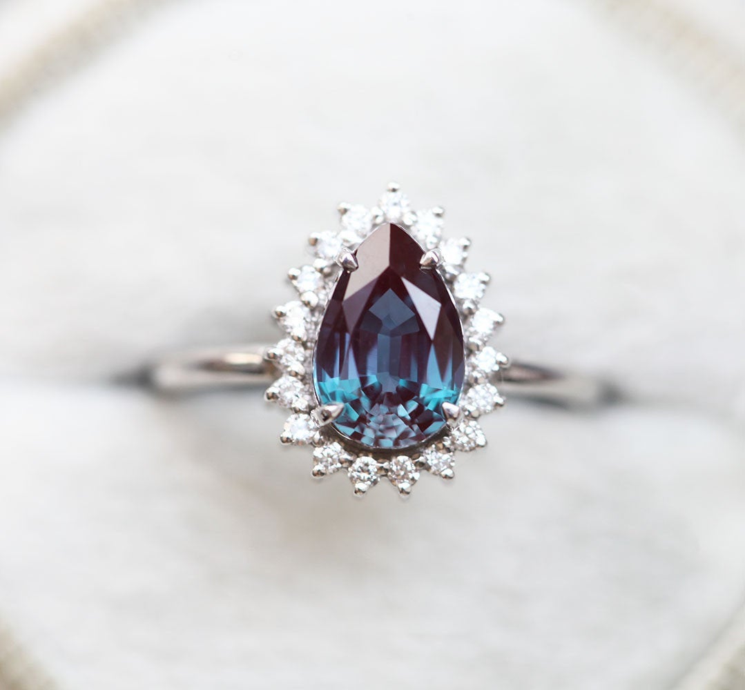 Teal Pear Alexandrite Ring with Side Round White Diamonds