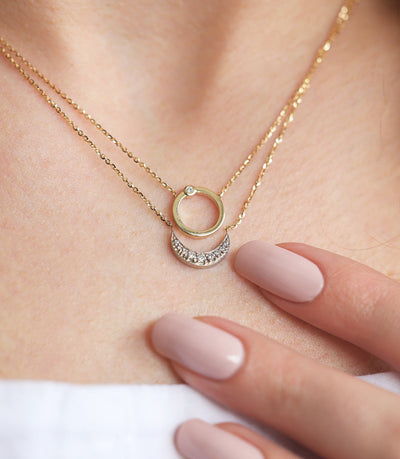 Round Gold Diamond Necklace with Crescent Moon Diamond Necklace