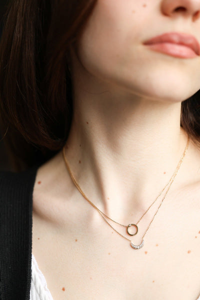 Round Gold Diamond Necklace with Crescent Moon Diamond Necklace