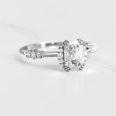 Emerald-Cut White Diamond Cluster Ring with Side White Diamonds