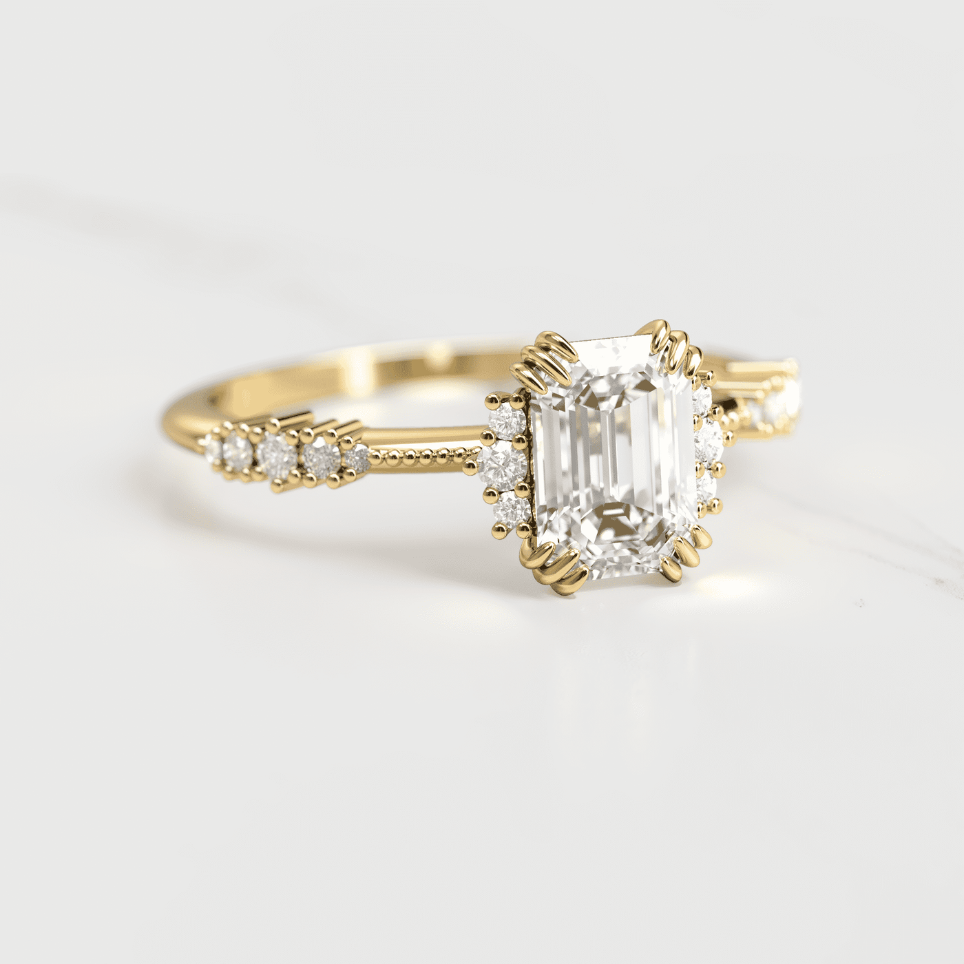 Emerald-Cut White Diamond Cluster Ring with Side White Diamonds