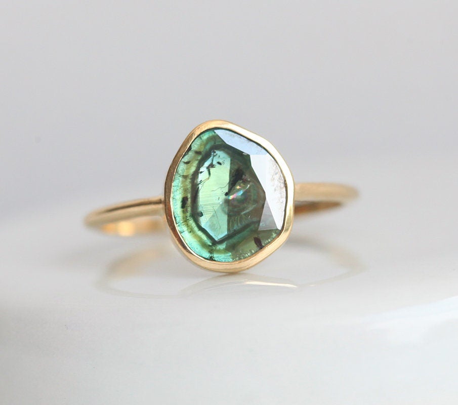 Unique-Shape Green Blue Diamond Solitaire Gold Ring