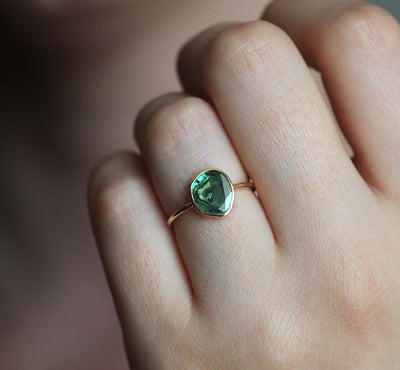Unique-Shape Green Blue Diamond Solitaire Gold Ring