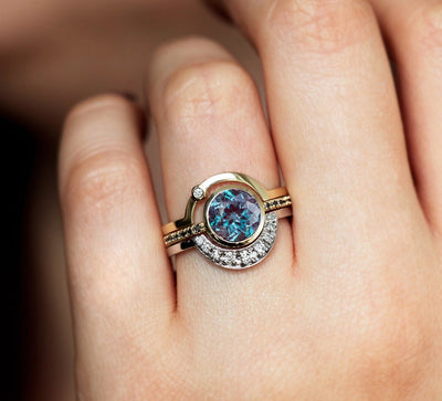 Teal Round Alexandrite Ring Set with Side Round Black and White Diamonds and Nesting Style Band