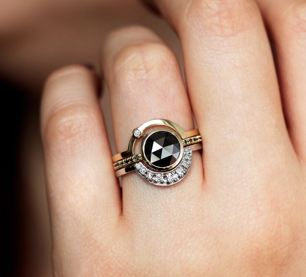 Black Diamond Ring Set with Pave Side Round Black and White Diamonds and Nesting Style Band