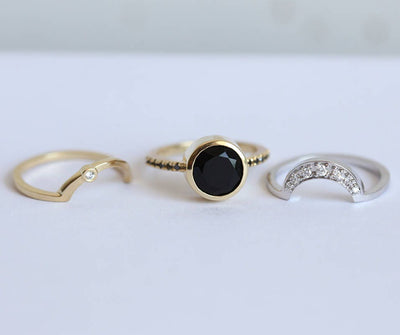 Black Diamond Ring Set with Pave Side Round Black and White Diamonds and Nesting Style Band