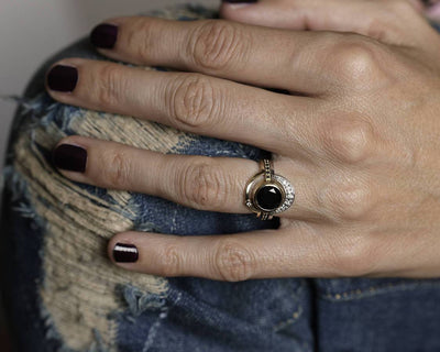 Close-up view of the Eclipse black diamond or onyx ring set highlighting intricate details.