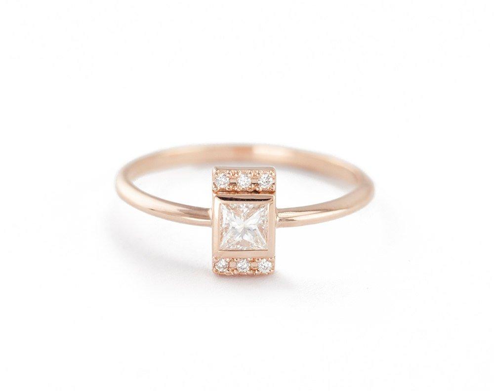 Unique Princess Cut White Diamond Engagement Ring with Side Round White Diamonds