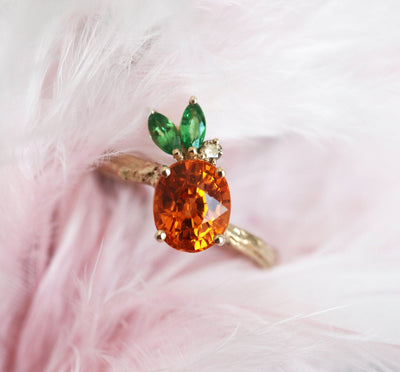 Orange Round Garnet Ring with Marquise Cut Tsavorite Gemstones and Champagne Diamonds Resembling  a Pineapple