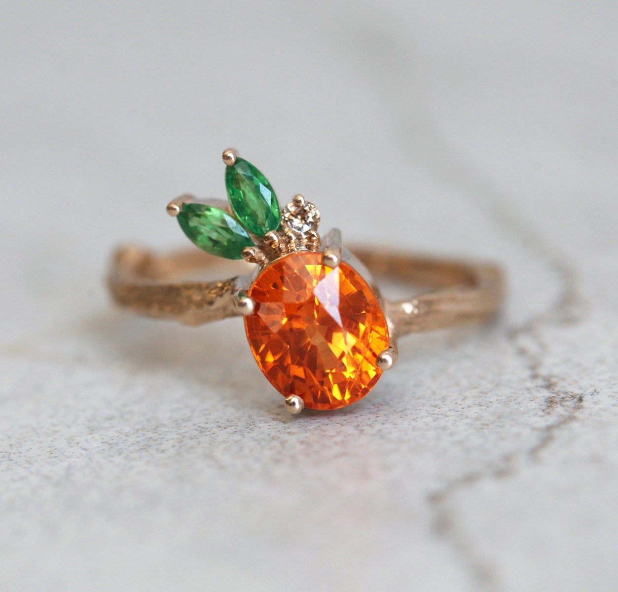 Orange Round Garnet Ring with Marquise Cut Tsavorite Gemstones and Champagne Diamonds Resembling  a Pineapple