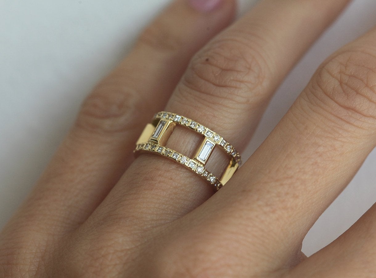 Unique Baguette Cut White Diamond Ring made of 2 Eternity Diamond Rings from one end to another