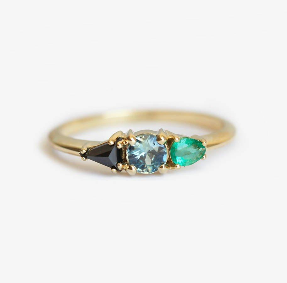 Round teal sapphire ring with black side diamond