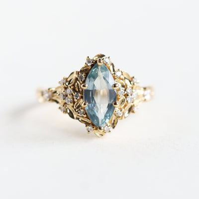 Elara marquise aqua sapphire ring with leaf detail and diamonds - Ready to Ship