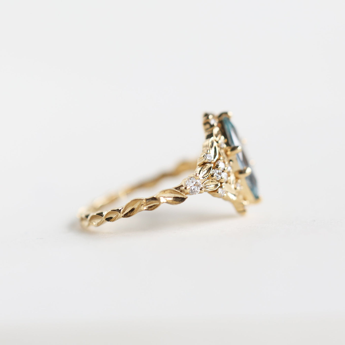 Elara marquise aqua sapphire ring with leaf detail and diamonds - Ready to Ship